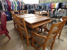 Dining table with 4 extra leaves - great for a large family or entertaining.
Comes with 8 chairs with brown upholstry.
$890.00