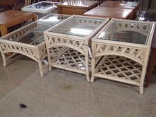 RATTAN AND GLASS 3 pc set.  White washed rattan Coffee table, and 2 side tables.  
$225.00